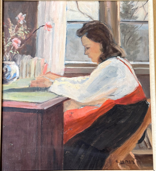 At Her Desk. Vintage Swedish Oil Painting with Dedication.