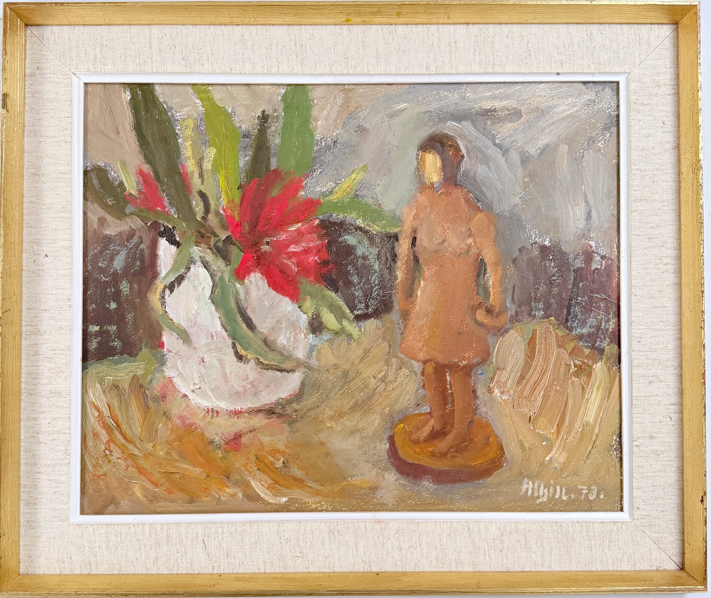 Cactus Flower, 1973. Vintage Swedish Oil Painting  by Oskar Albin Nilsson
