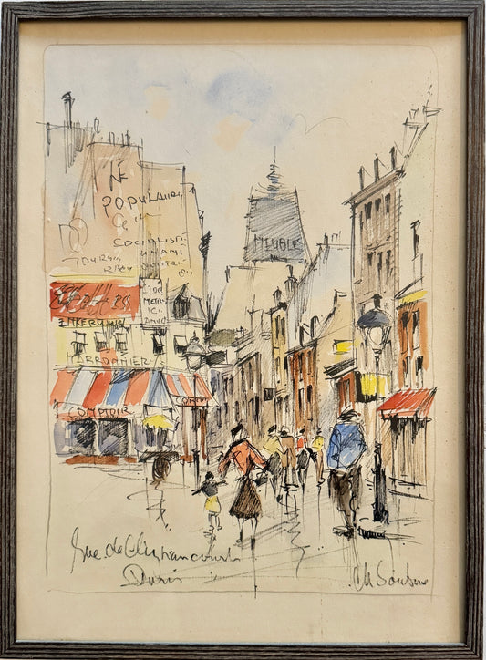 Paris Street Scene, 1940s. Vintage Watercolor.