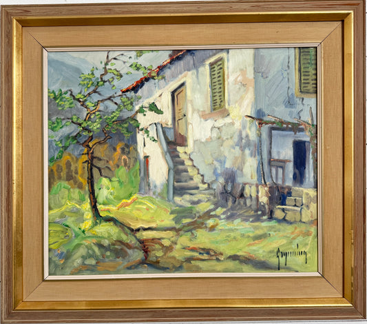 Sunlit Italian Courtyard, 1950s. Large Vintage Oil Painting by Evert Grynning