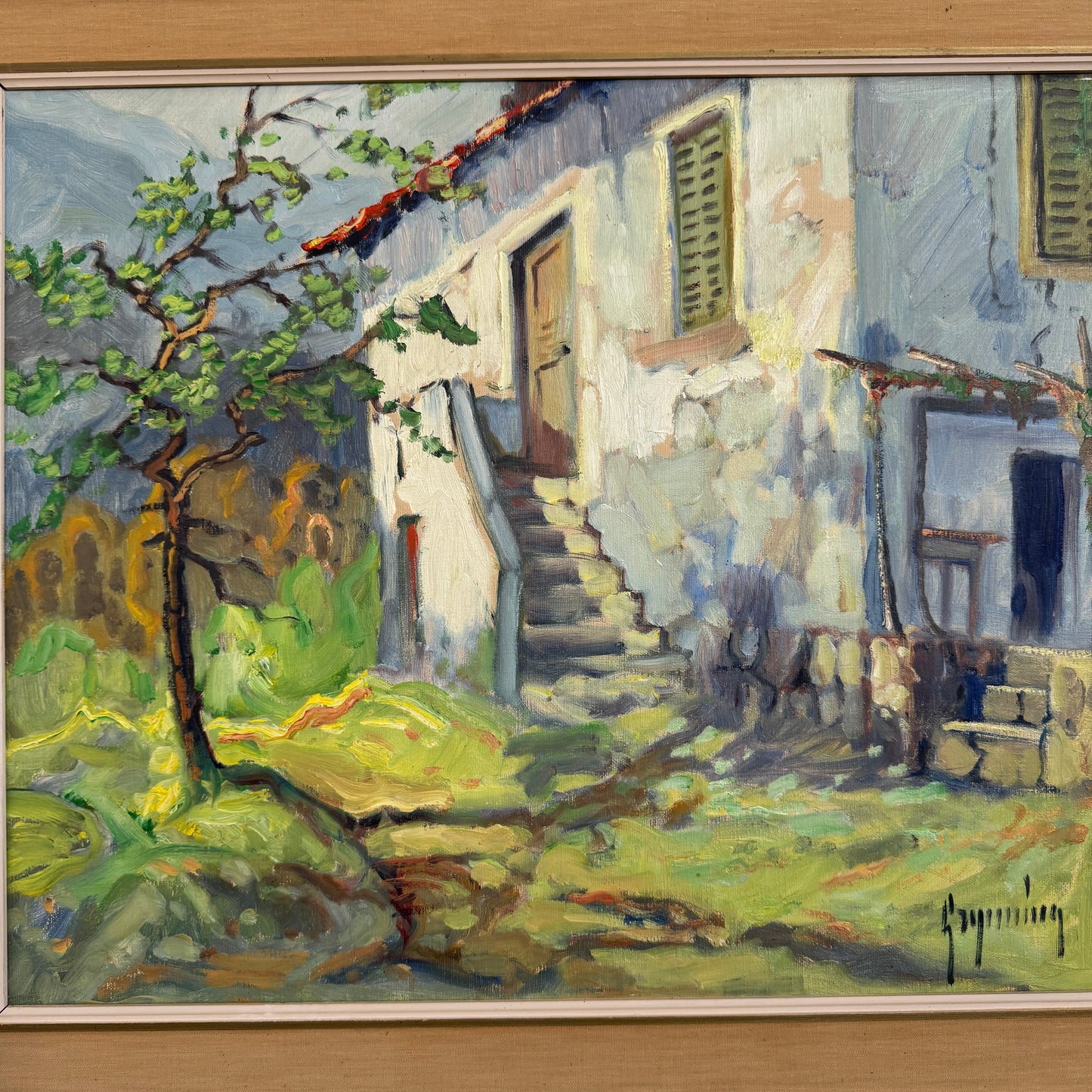 Sunlit Italian Courtyard, 1950s. Large Vintage Oil Painting by Evert Grynning