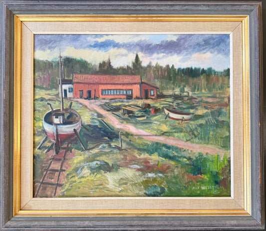 The Red Boathouse, ca 1940s. Vintage Swedish Oil Painting by Alf Wesström