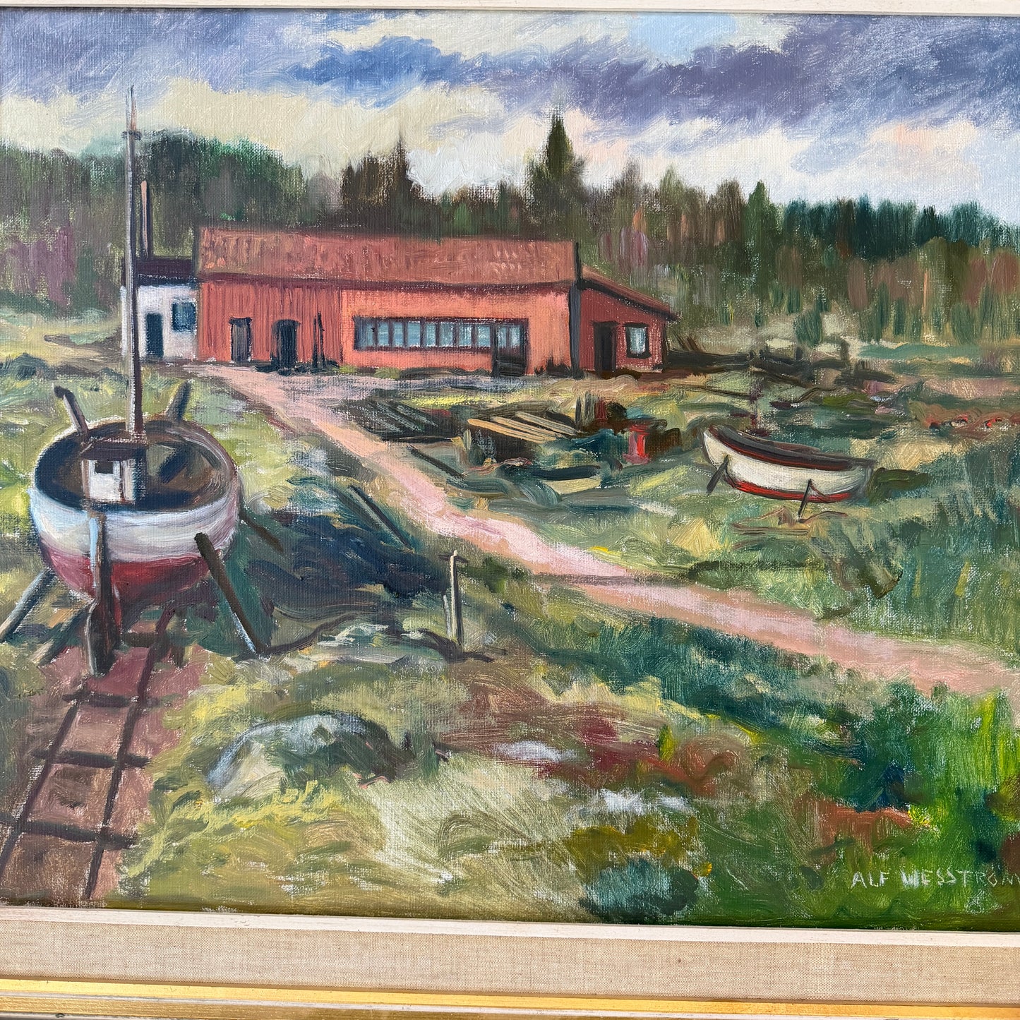 The Red Boathouse, ca 1940s. Vintage Swedish Oil Painting by Alf Wesström