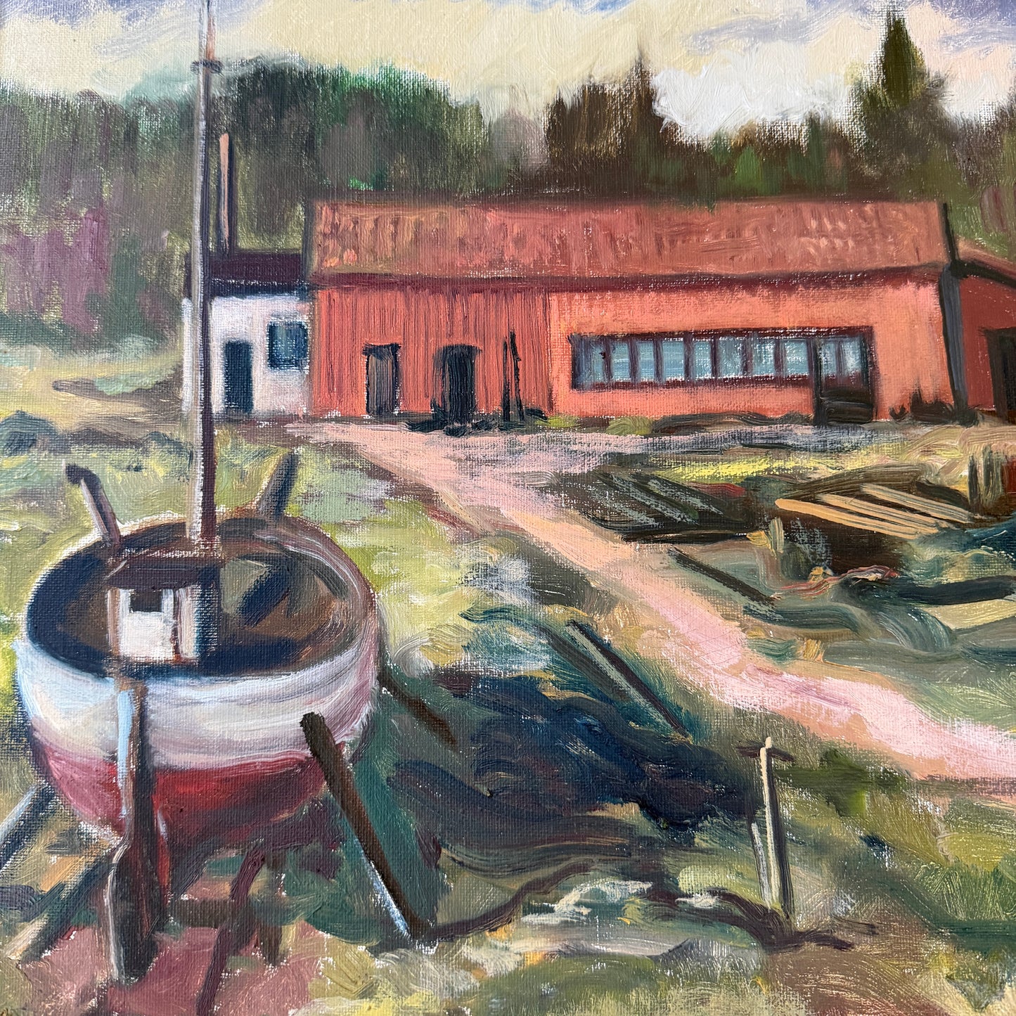 The Red Boathouse, ca 1940s. Vintage Swedish Oil Painting by Alf Wesström