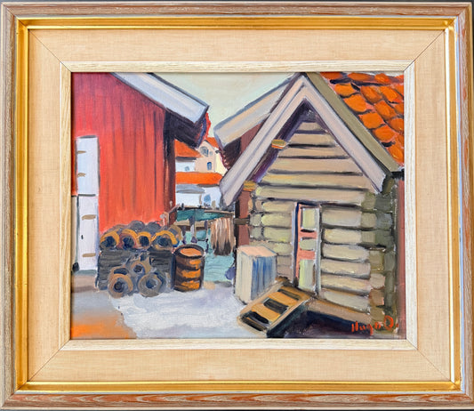 Among the old Boathouses. Vintage Swedish Oil Painting by Karl Hugo Olsson