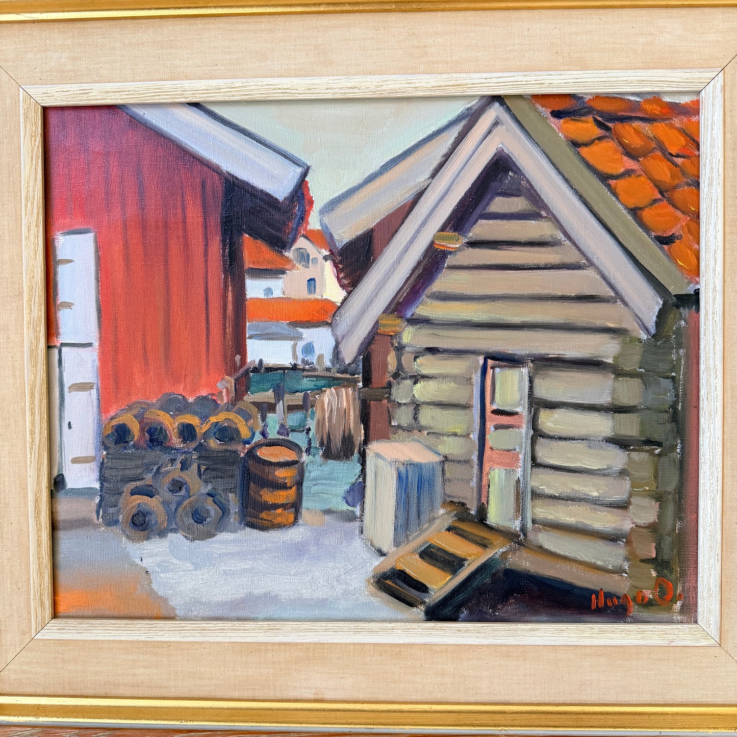 Among the old Boathouses. Vintage Swedish Oil Painting by Karl Hugo Olsson