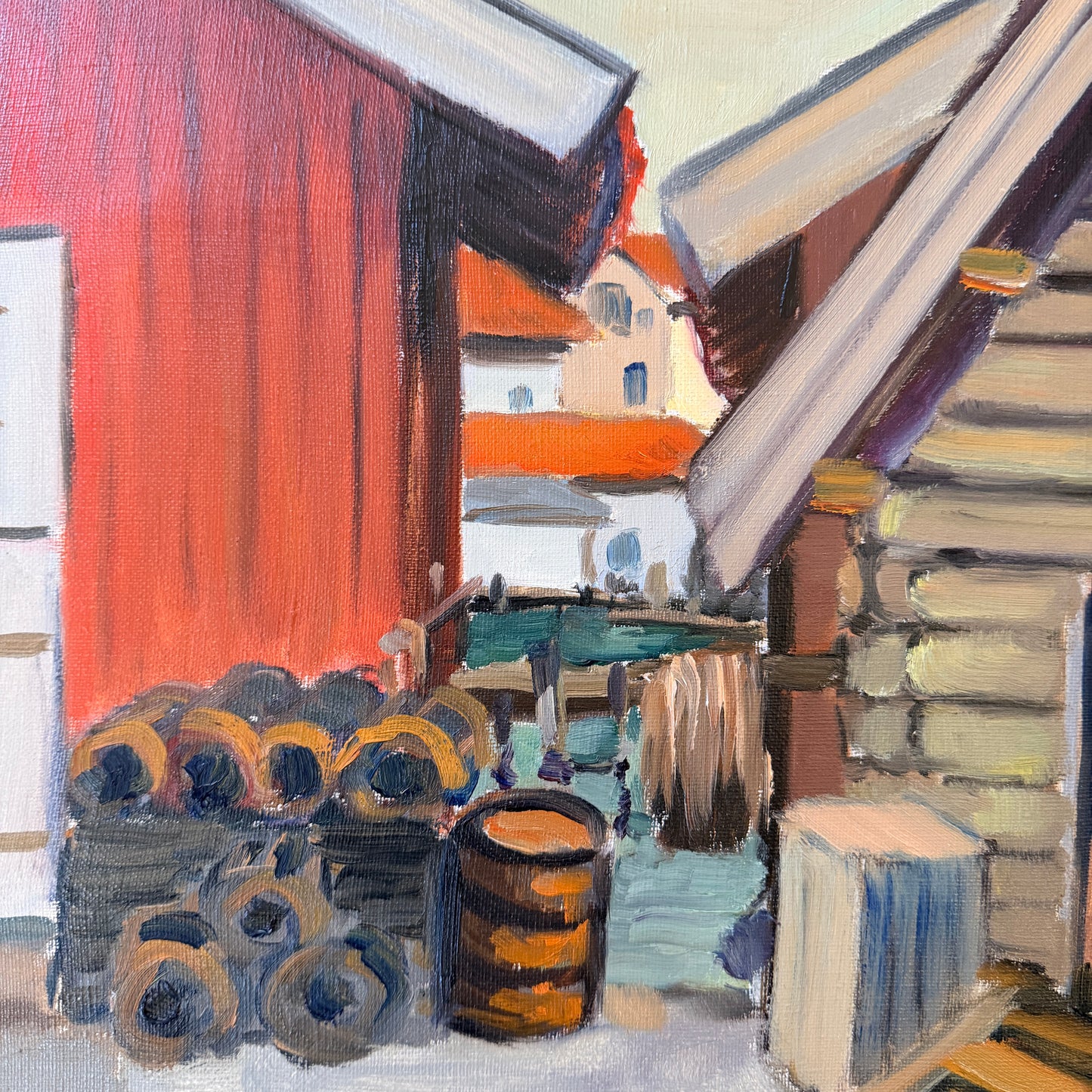 Among the old Boathouses. Vintage Swedish Oil Painting by Karl Hugo Olsson