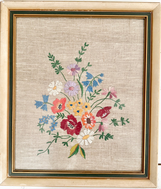Sweden year 1954. Vintage Linen Flower Bouquet Embroidery. Framed behind Glass.