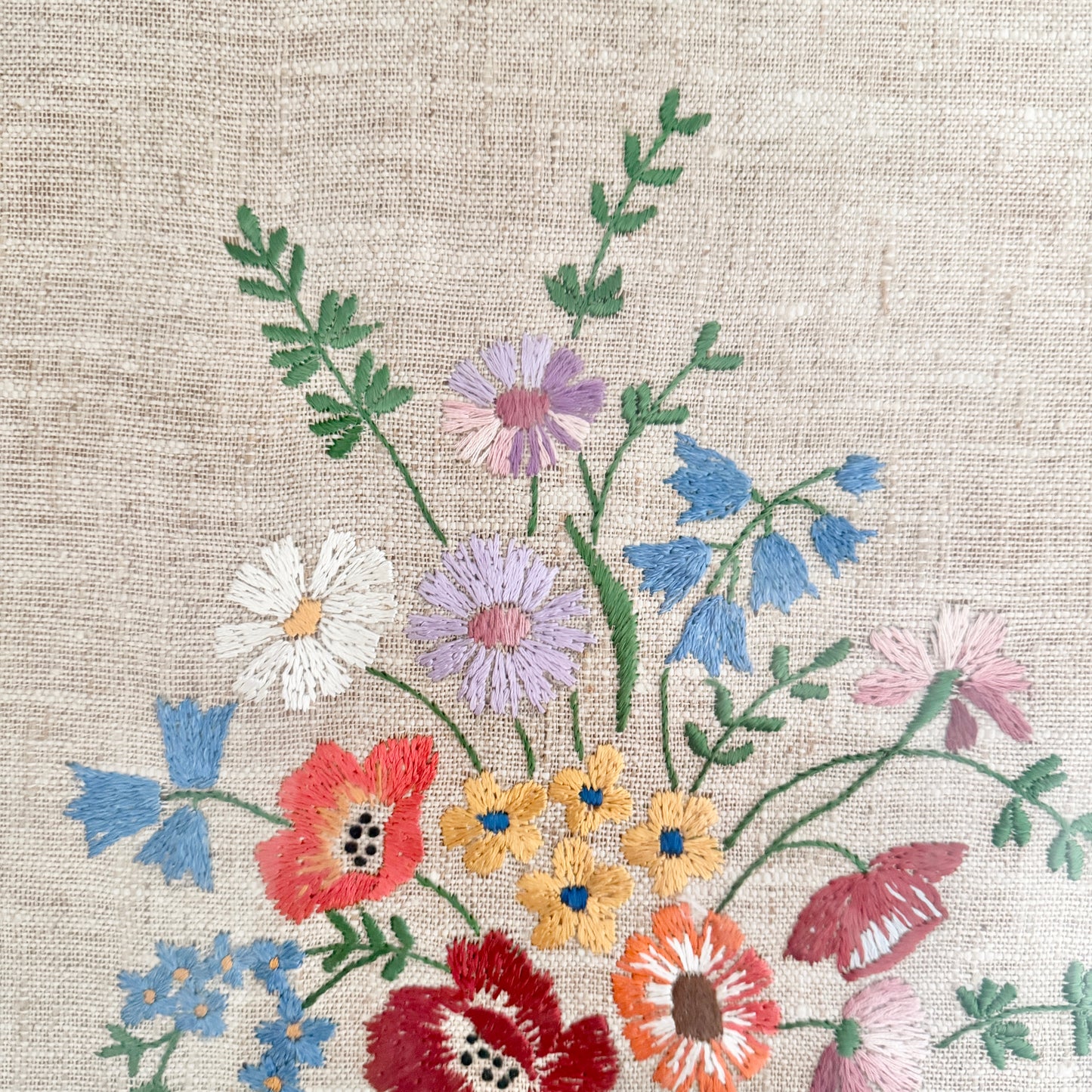 Sweden year 1954. Vintage Linen Flower Bouquet Embroidery. Framed behind Glass.