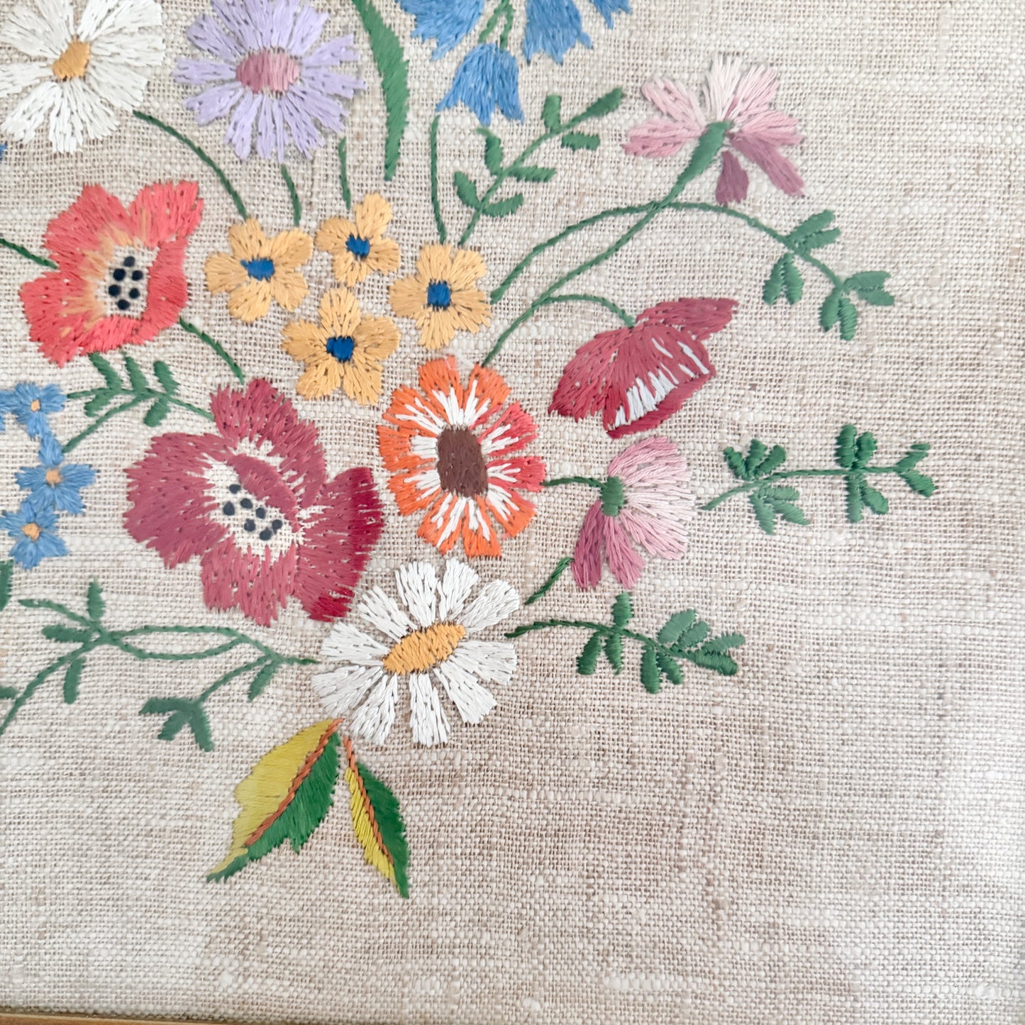 Sweden year 1954. Vintage Linen Flower Bouquet Embroidery. Framed behind Glass.