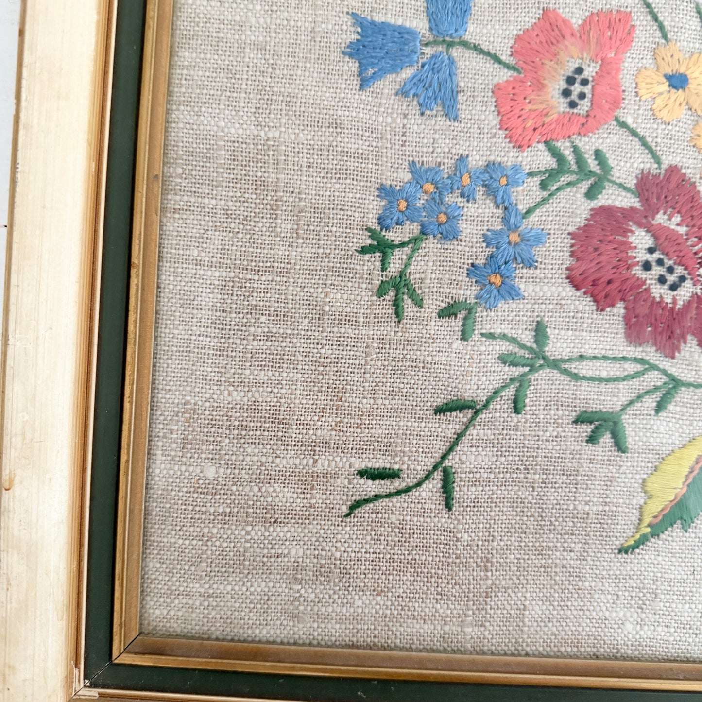 Sweden year 1954. Vintage Linen Flower Bouquet Embroidery. Framed behind Glass.