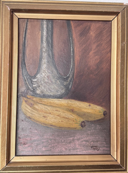 Still Life with Bananas. Vintage Original Oil Painting.