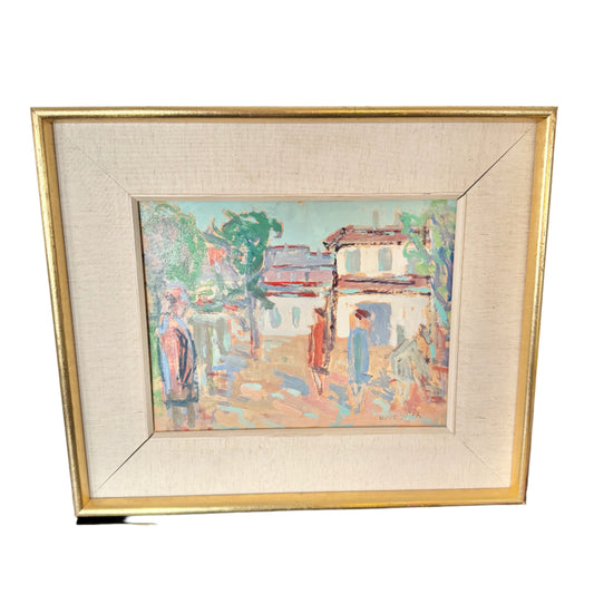 Mediterranean Village Stroll. Vintage Mid Century Oil Painting