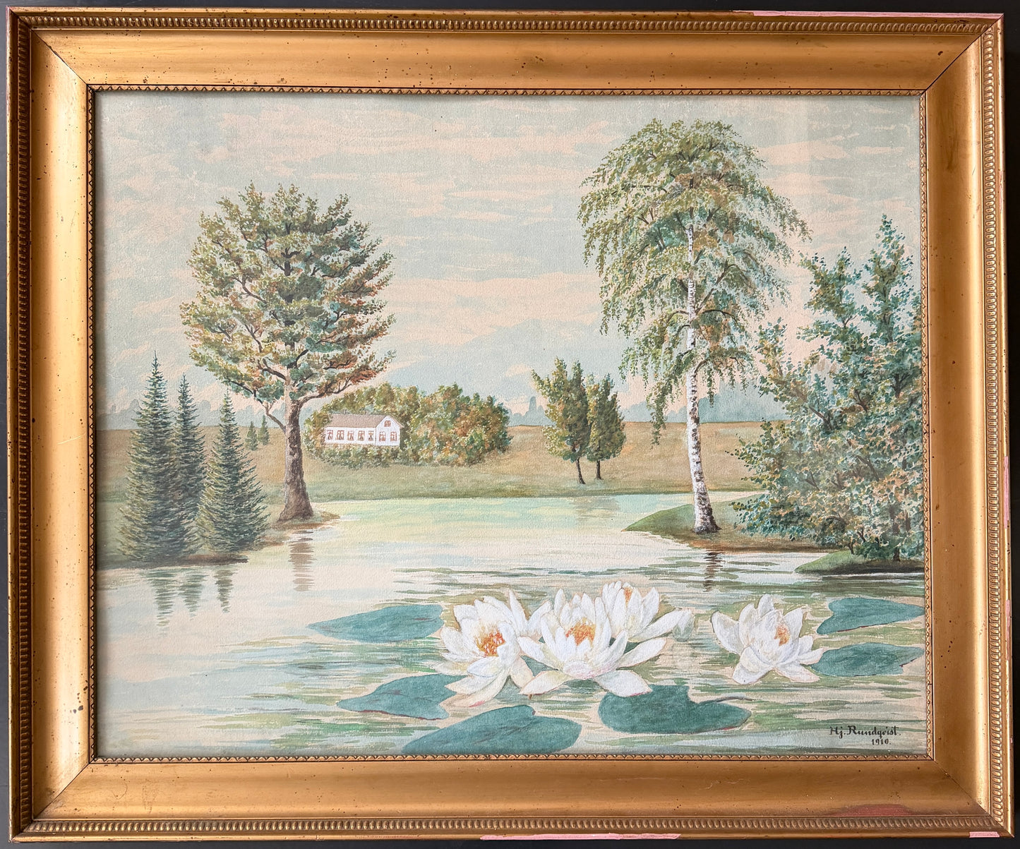 White Water Lilies, 1910. Large Antique Watercolor by Hjalmar Rundqvist.