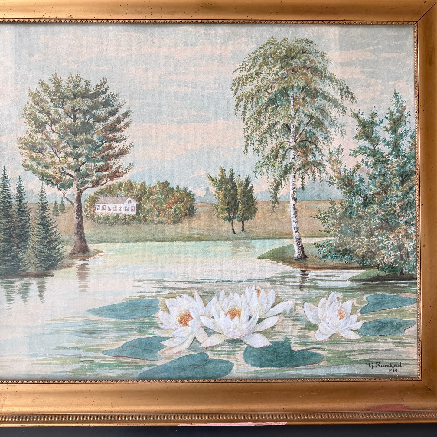White Water Lilies, 1910. Large Antique Watercolor by Hjalmar Rundqvist.