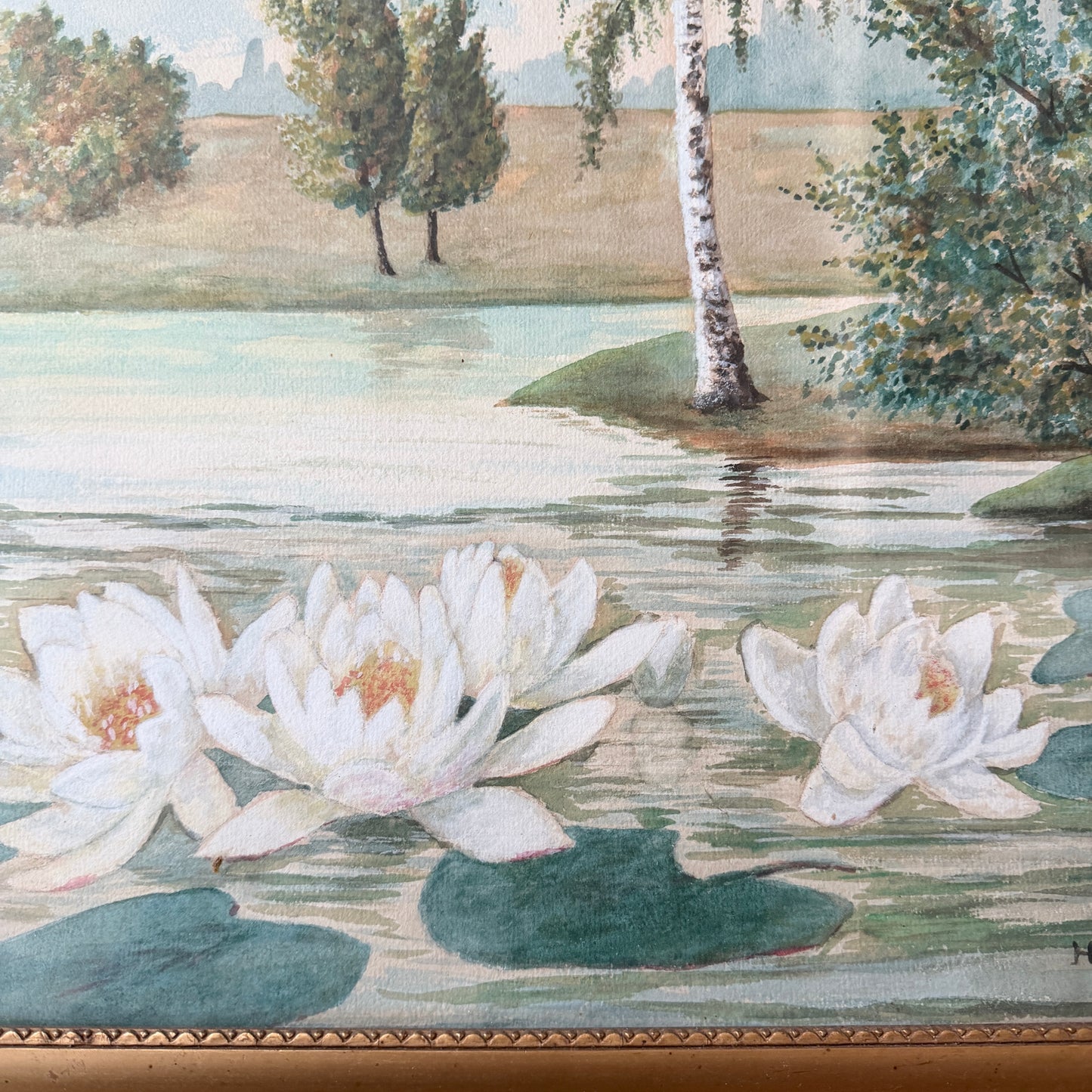 White Water Lilies, 1910. Large Antique Watercolor by Hjalmar Rundqvist.