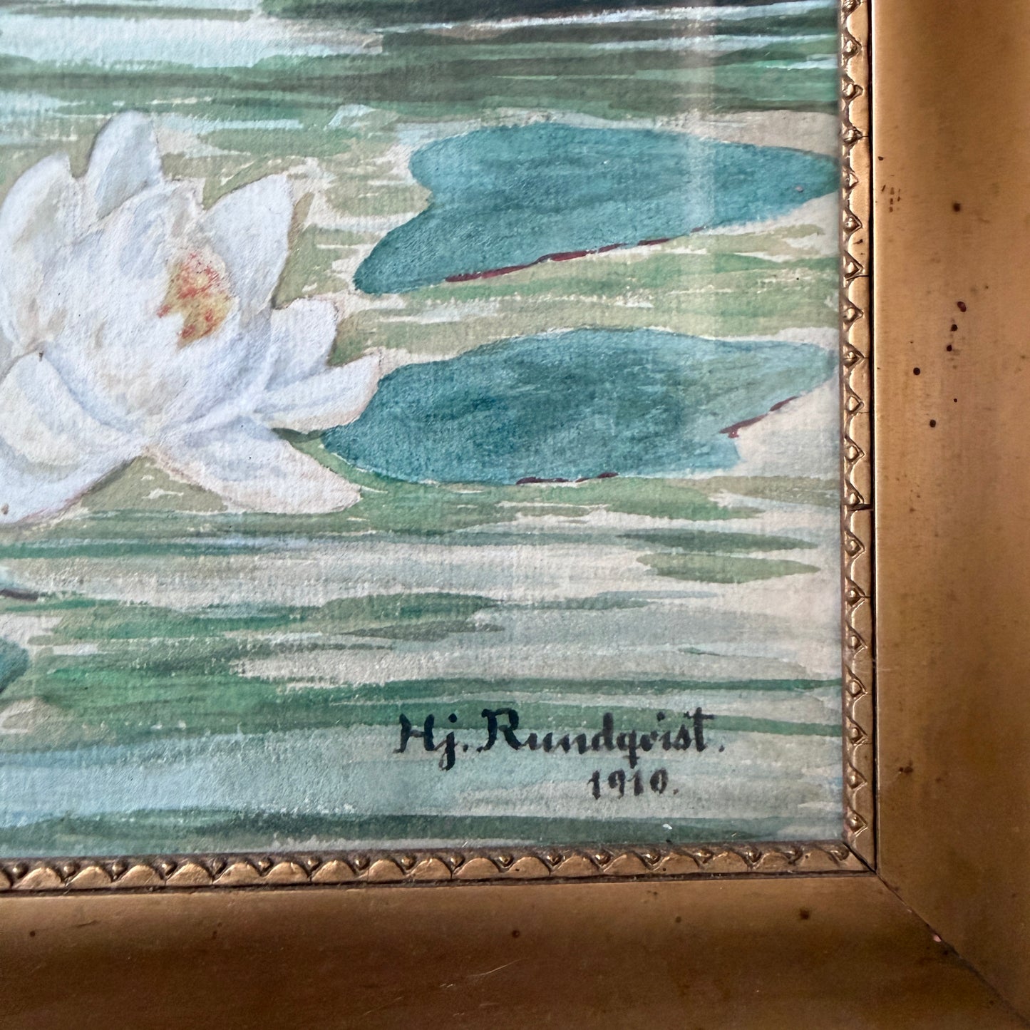 White Water Lilies, 1910. Large Antique Watercolor by Hjalmar Rundqvist.
