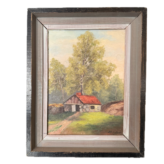 Swedish Stone Cottage Birchwood 1899. Antique Swedish oil Painting