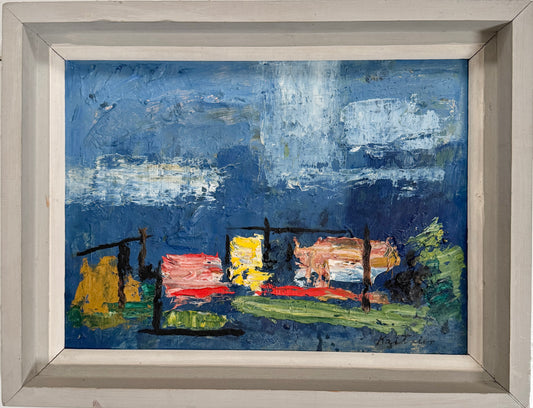 Kai Trier. Abstract Composition in Blue. Vintage Danish Oil Painting.