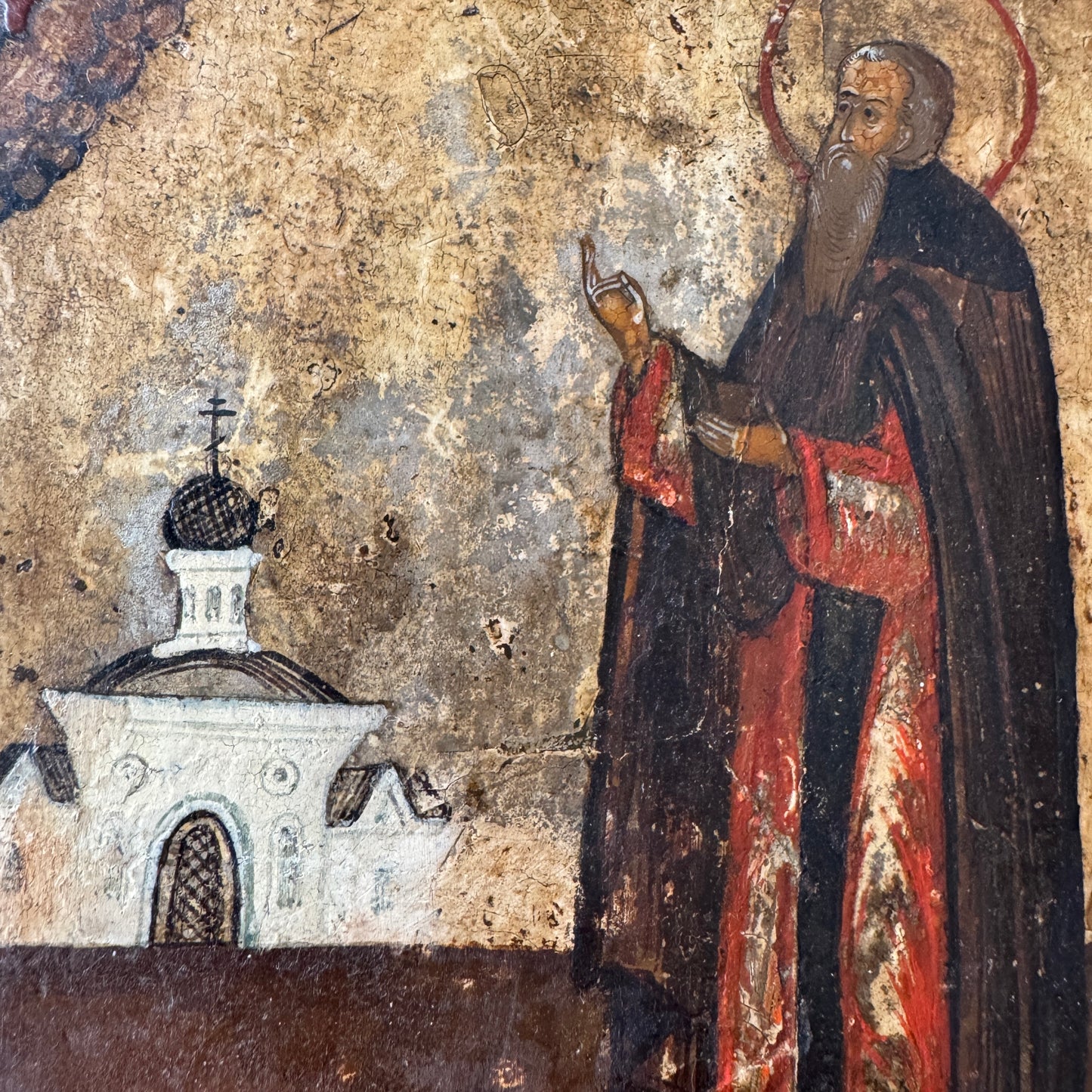 Saint Panteleimon in Prayer Before the Church. 19th-century Icon on Wood.