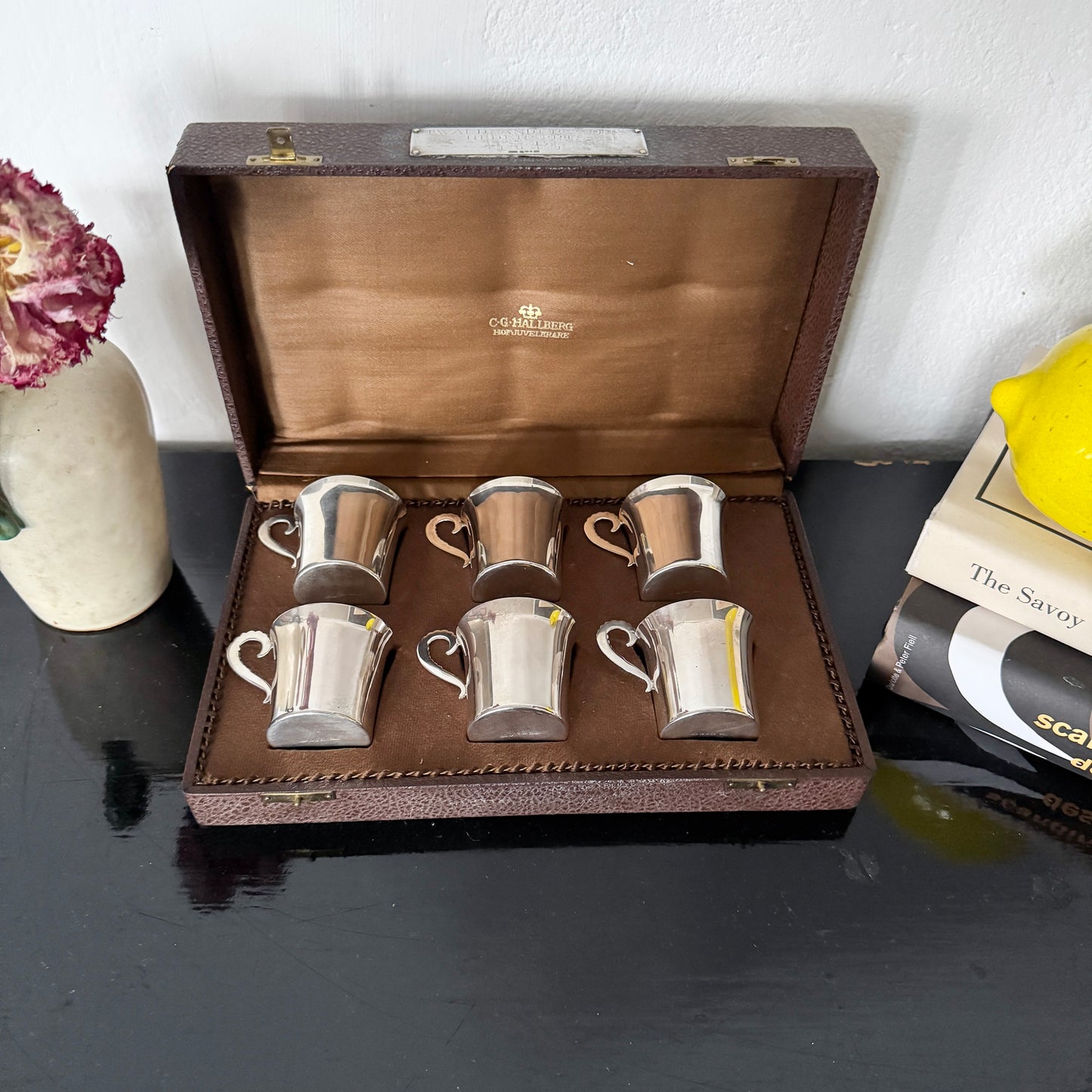C.G Hallberg, Sweden 1938. Vintage Sterling Silver Boxed Liquor Cups