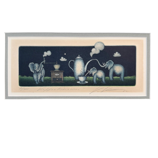 Volker Kühn. Signed Color Etching. Elephants Brewing Coffee