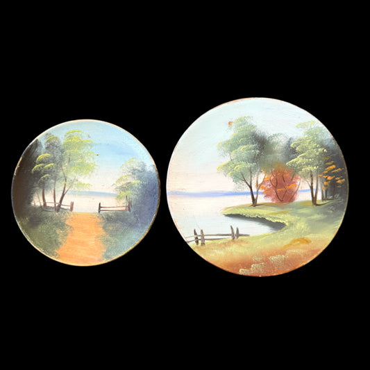 Sweden c 1910s. Two Antique Folk Art Hand-painted Wood Wall Plates