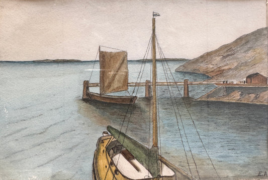 Harbor Stillness 1930s. Vintage Swedish Watercolor Painting
