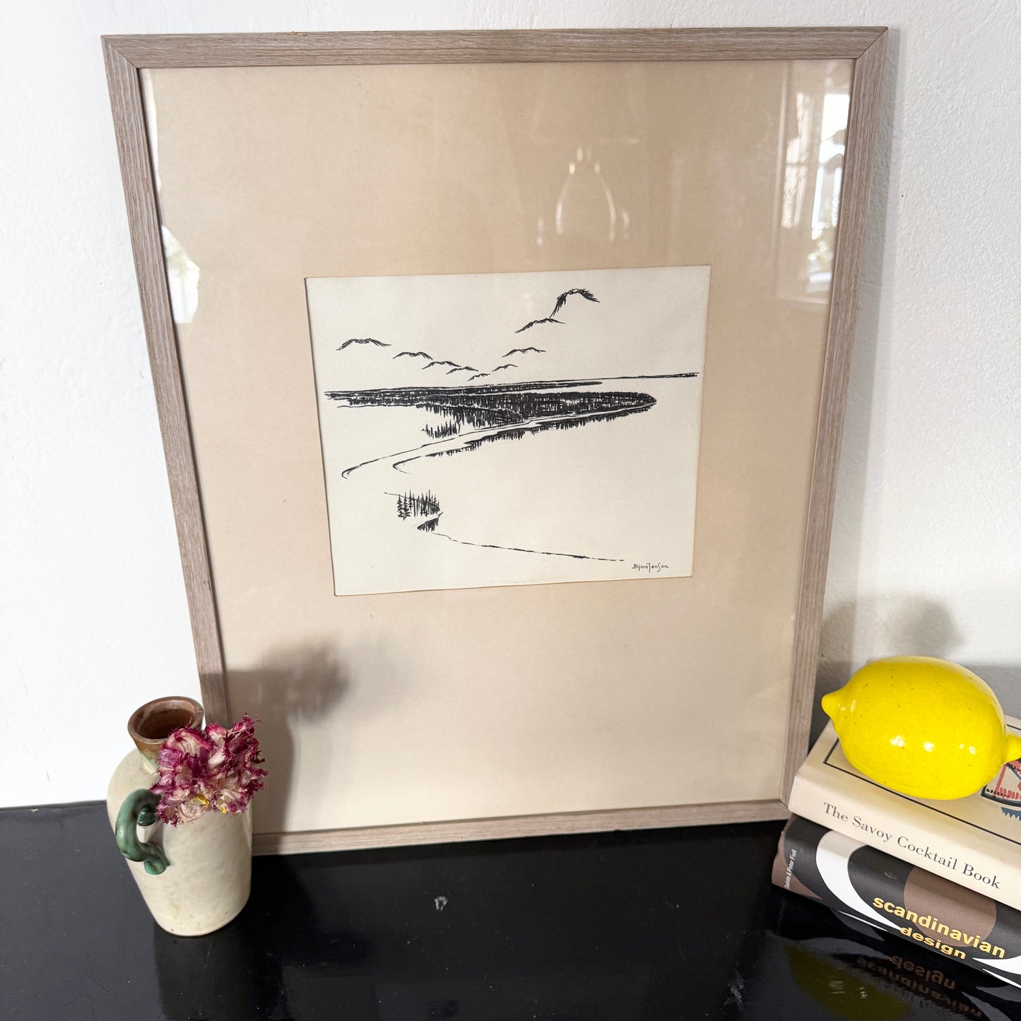 Shoreline 1955. Vintage Swedish Pen Drawing.