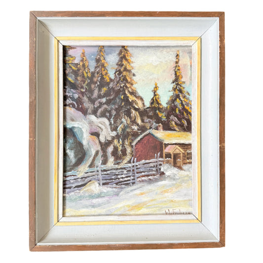 Golden Firs, Quiet Snow. Vintage Swedish Oil Painting.
