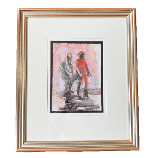 In Conversation. Vintage Swedish Mixed Media Watercolor Painting