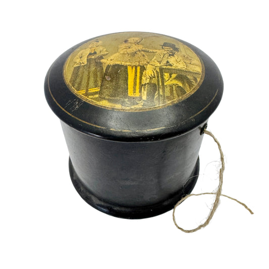 Antique Papier Mache Lacquer Thread String Dispenser Box.