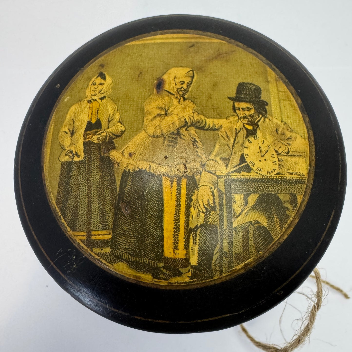 Antique Papier Mache Lacquer Thread String Dispenser Box.