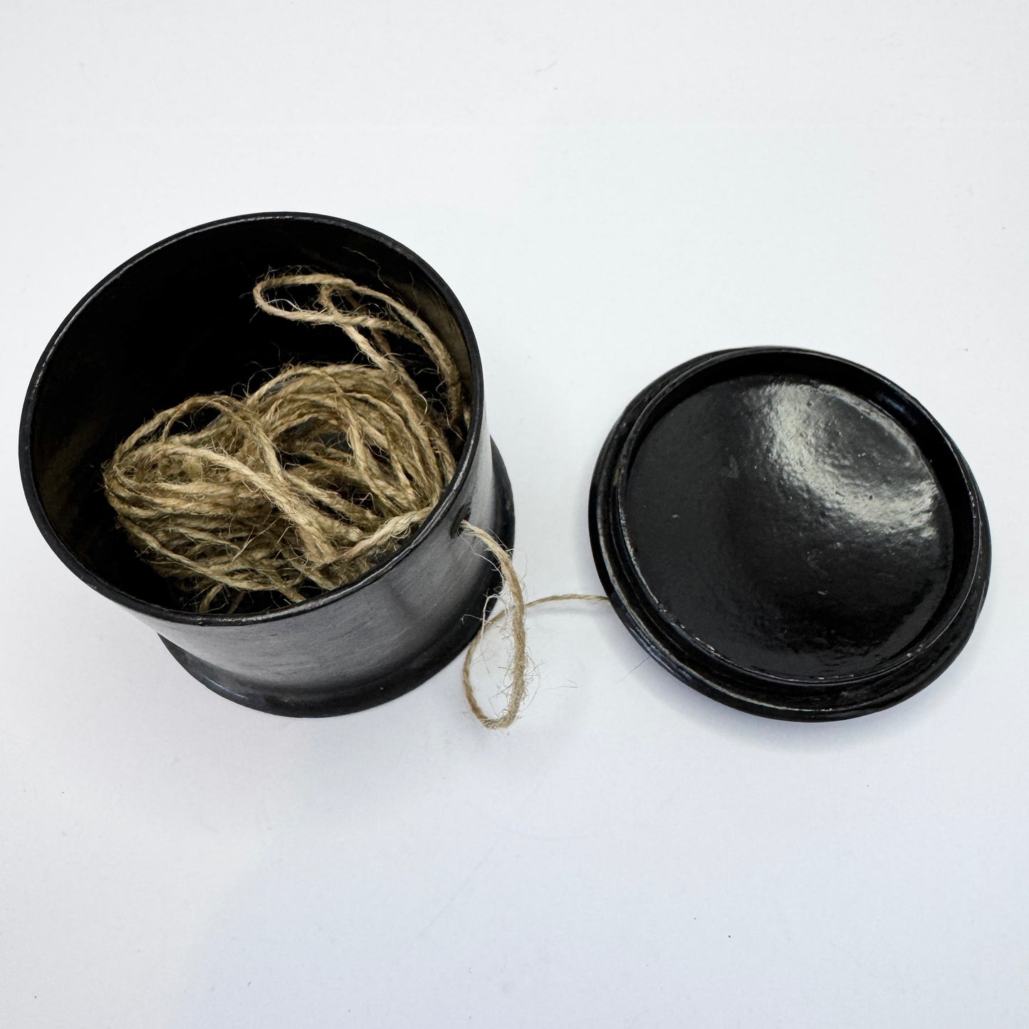 Antique Papier Mache Lacquer Thread String Dispenser Box.