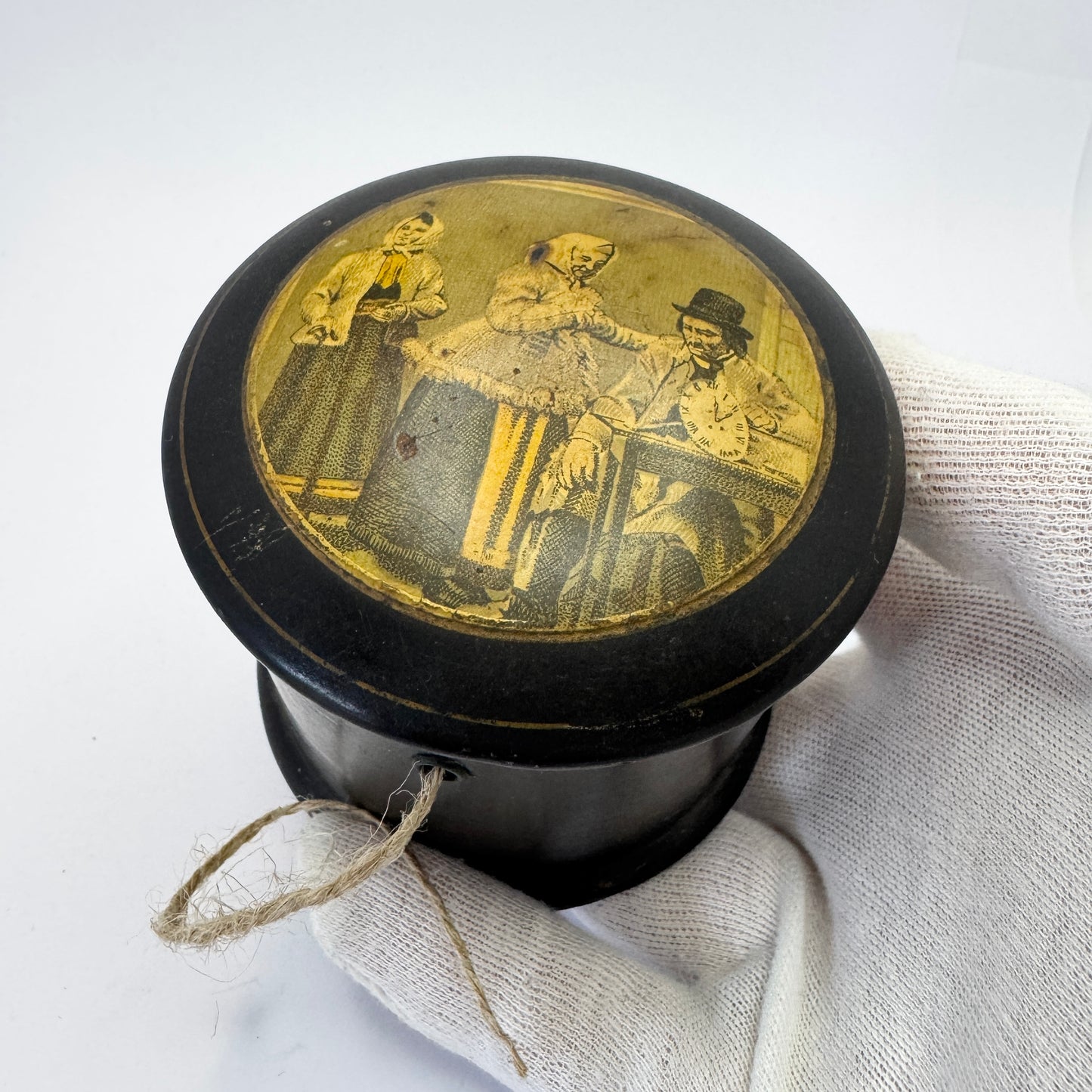 Antique Papier Mache Lacquer Thread String Dispenser Box.