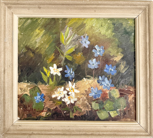Anemones in Forest. Vintage Swedish Oil Painting.