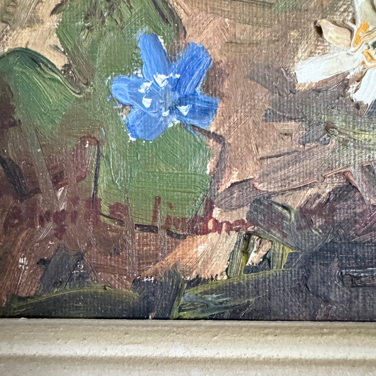 Anemones in Forest. Vintage Swedish Oil Painting.