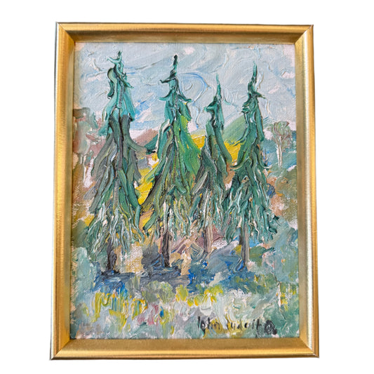 Four Fir Trees. Vintage Swedish Oil Painting