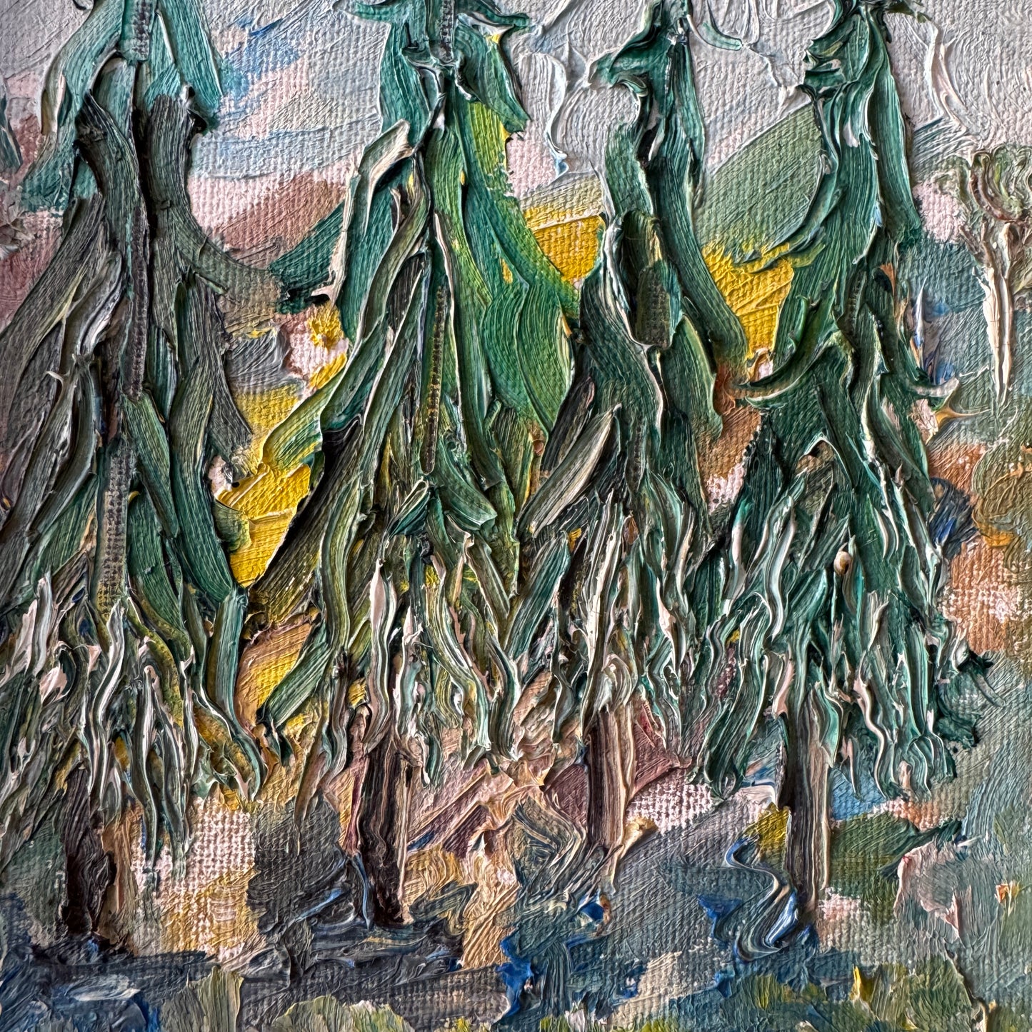 Four Fir Trees. Vintage Swedish Oil Painting