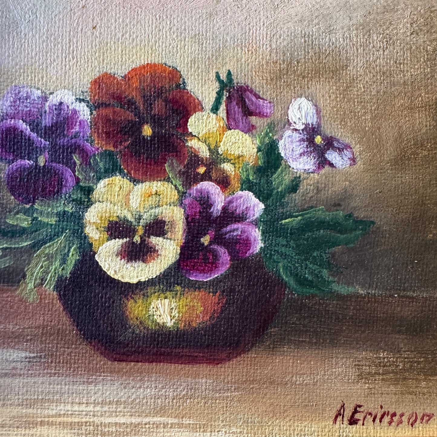Pansies in Quiet Light. Vintage Swedish Oil Painting.