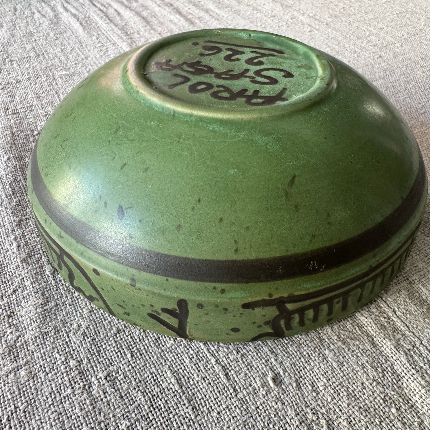 Arol, Norway. Vintage Green Stoneware Bowl with Viking Ships and Runes
