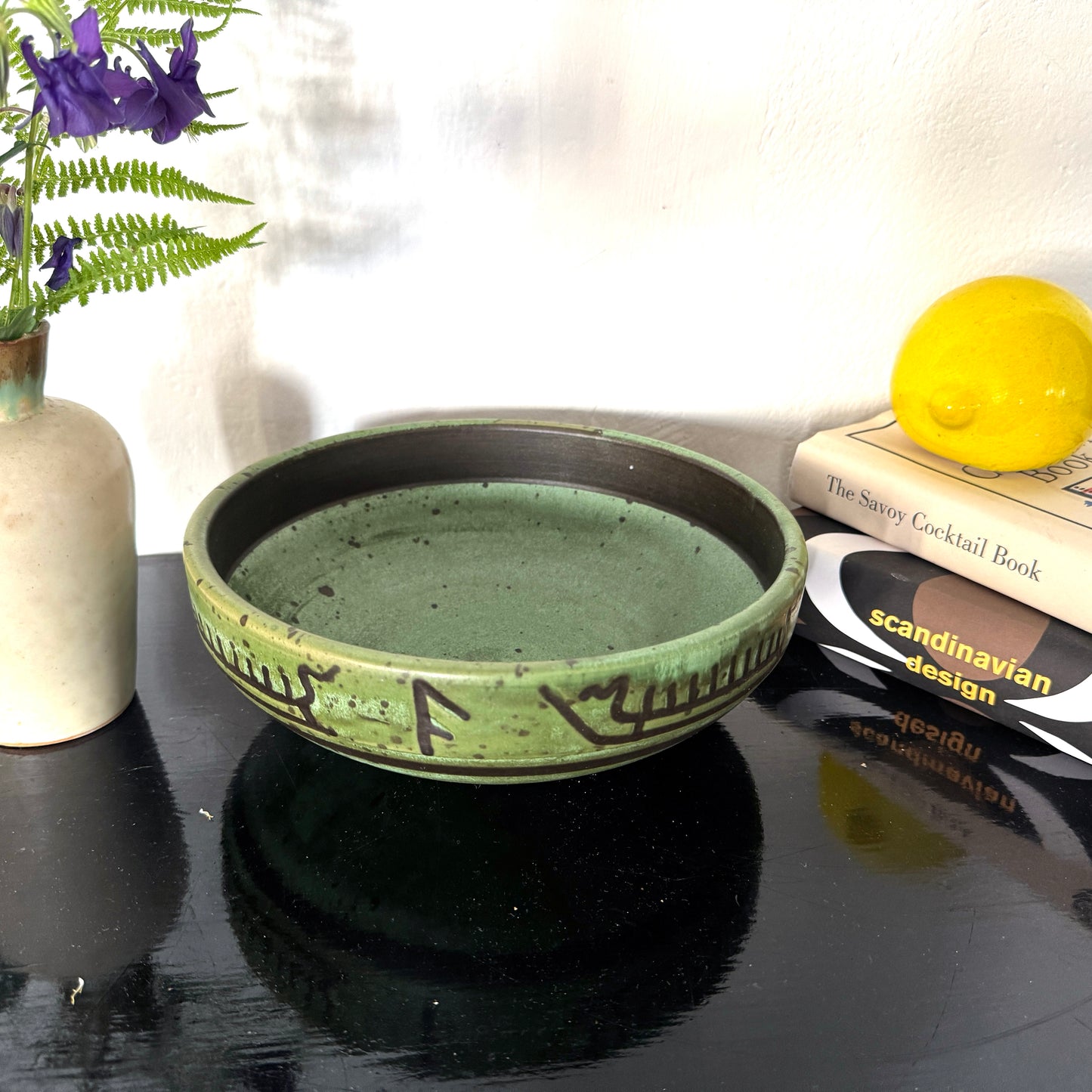 Arol, Norway. Vintage Green Stoneware Bowl with Viking Ships and Runes