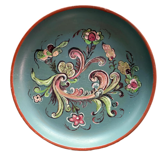 Large Swedish Folk Art Painted Wood Bowl Wall Plate. Early 1900s