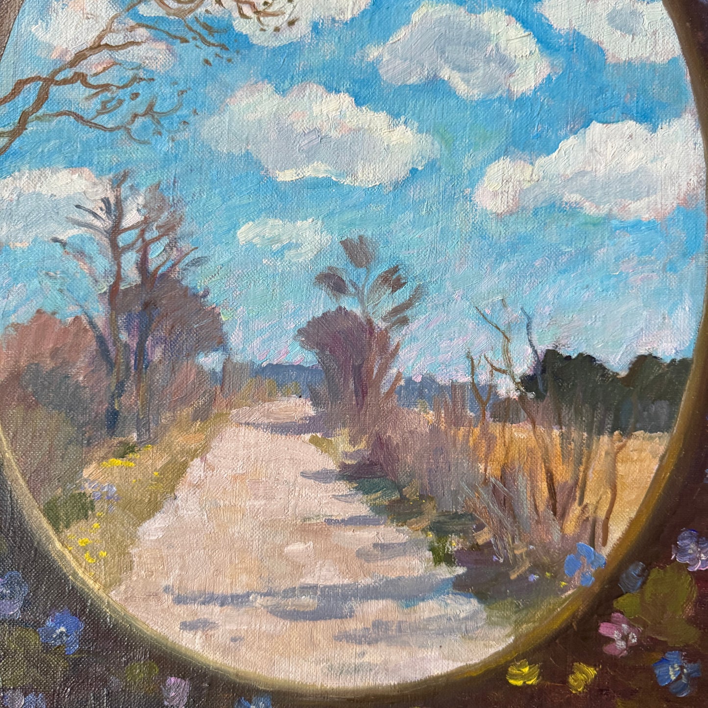 Titthål mot Våren (Peephole towards Spring). Vintage Swedish Oil Painting.