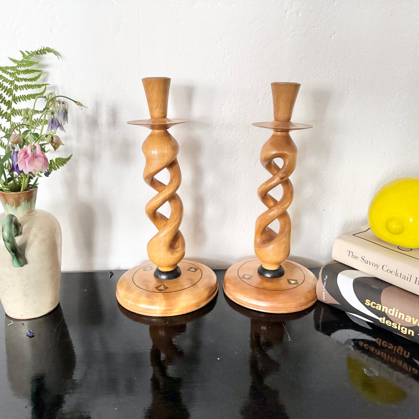 Johan Norin, Sweden 1962. Vintage Hand-made Wood with Inlay Candlesticks.