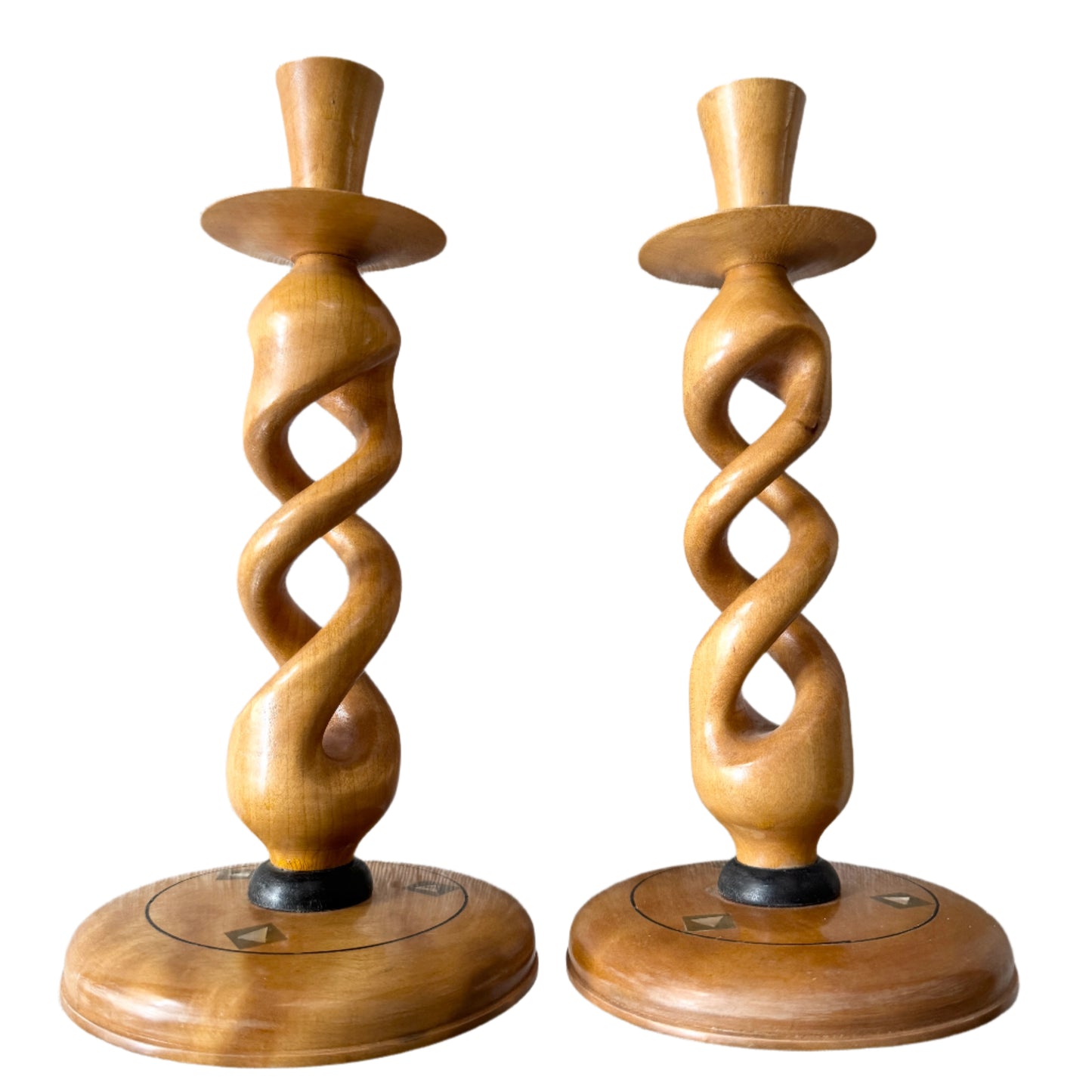 Johan Norin, Sweden 1962. Vintage Hand-made Wood with Inlay Candlesticks.