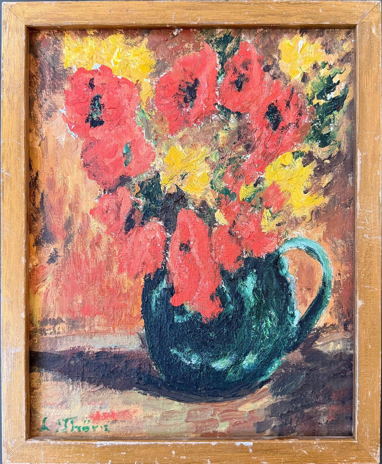 Still Life with Poppies. Vintage Swedish Oil Painting.