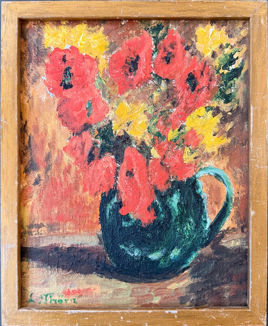 Still Life with Poppies. Vintage Swedish Oil Painting.