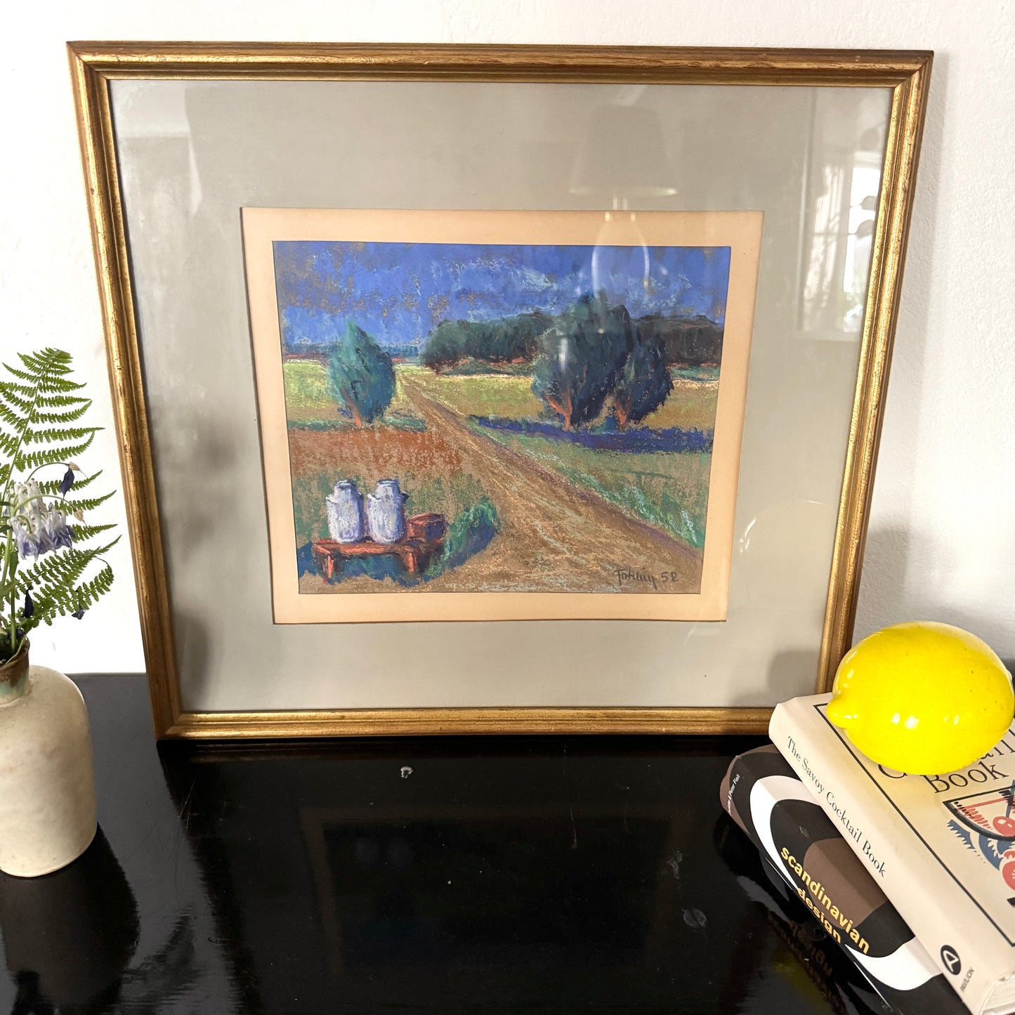 Milk Cans by the Road 1952. Vintage Swedish Pastel Painting.
