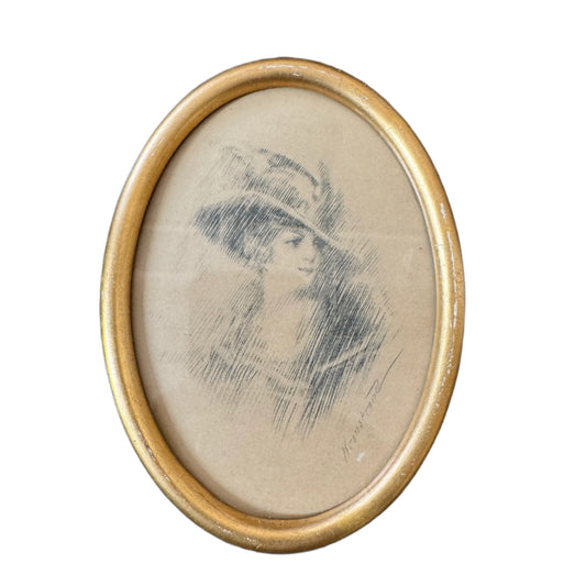 Christmas 1918. Antique Pencil Drawing Portrait of a Young Woman.
